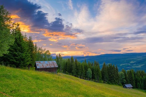 View across a meadow to a hut in the mountains at sunset, Gol, Halligdal, Buskerud, Norway