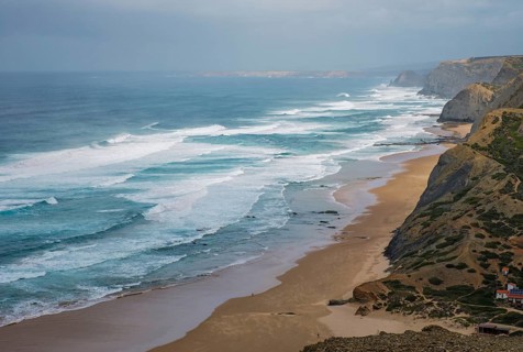 View from Castelejo Viewpoint over Praia do Castelejo in Vila do Bispo, Algarve, Portugal, with