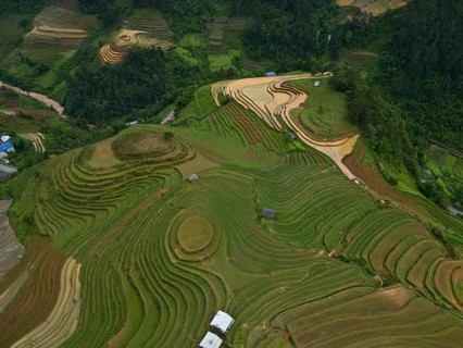 Aerial view of rice terraces just in front of setting the new rice near Mù Cang Ch?i, Mu Cang Chai