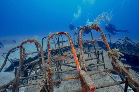 Close-up view of ferry benches, with a fish, diver in the background, meteor wreck dive site,
