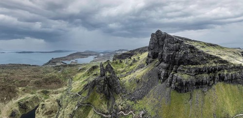 Panorama aerial drone photo of the rocky landscape at the Old man of Storr on the Isle of Skye,