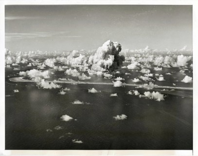 Atomic bomb test, USA, Bikini Atoll, explosion, destruction, paradise, aerial view, landscape with