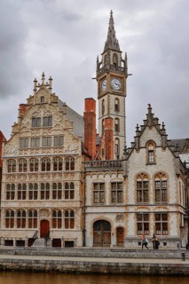 Graslei, old guild houses and tower from the former post office, Ghent, East Flanders, Flanders,