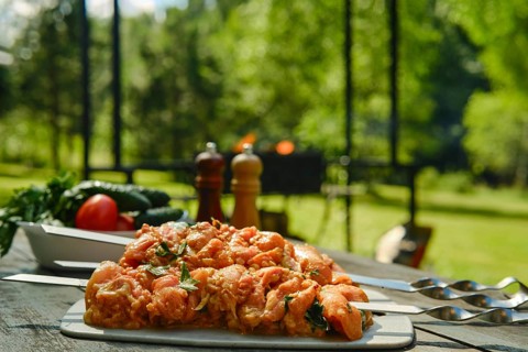 Marinated pieces of chicken on skewers on wooden table near grill in backyard. Fresh vegetables are