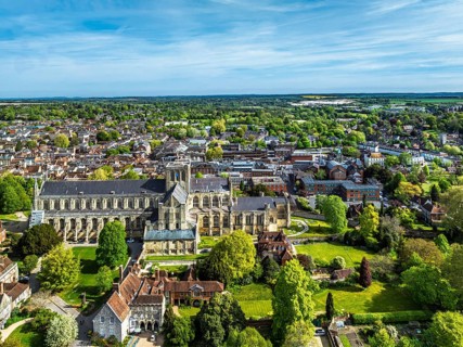 Winchester Cathedral from a drone, Winchester, Hampshire, England, United Kingdom