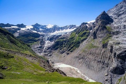 Glaciated mountain peaks, mountain landscape with Grindelwald-Fiescherfirn glacier, Bernese Alps,