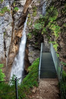 Waterfall in Hölltobel, with viewing platform, near Gerstruben, Dietersbachtal, Oberstdorf,