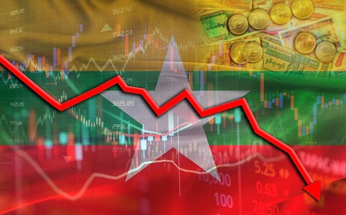 Myanmar financial fall on economy market. Burmese financial crisis on economic graph