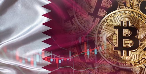 Bitcoin cryptocurrency with Qatari flag. Investors in Blockchain Technology with Qatar flag