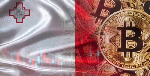 Bitcoin cryptocurrency with Malta flag, Investors in Blockchain Technology. Maltese flag with
