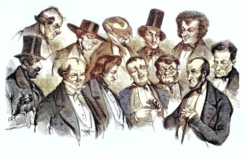 Physiognomy and phrenology. a collection of older men with extremely excessive facial features and