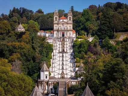 Aerial view of Bom Jesus do Monte in Braga, Portugal. The image shows the sanctuary, church, and