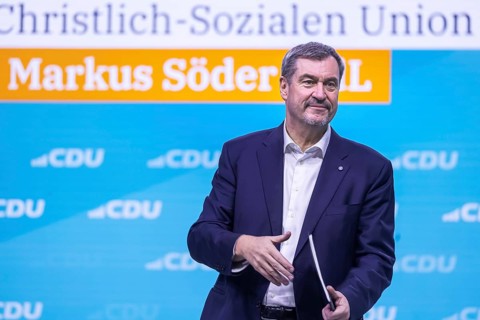 38th Federal Party Congress of the CDU of Germany in Stuttgart. Greetings from Markus Söder, party