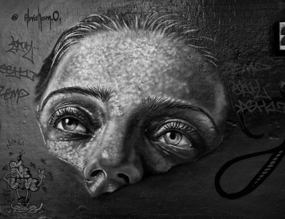 Portrait of a woman, legal, temporary graffiti in the graffiti tunnel, Leake Street Arches, black