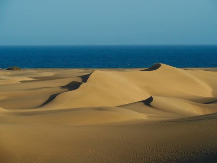 Wide sand dunes run towards the sea under a blue sky, Maspalomas Dunes, Gran Canaria, Spain