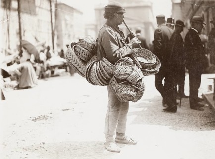 Slovakian, flying merchant, ambulatory business, baskets, flute playing, poverty, A man carrying