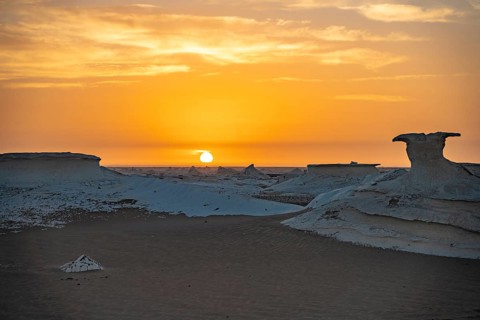 Sunset in the White Desert National Park in the Egyptian part of the Libyan Desert, Egypt