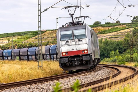 Freight train in the Neckar loop of the Neckar. Lauffen am Neckar, Baden-Württemberg, Germany