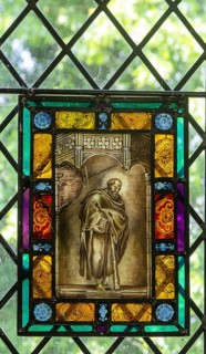 Stained glass depiction of Saint James the Less, by C. J. W. Winter c 1840, church of Saint Andrew,