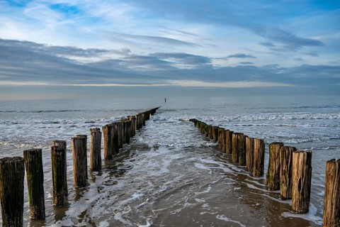 Coastal protection, through wooden posts, paalhoofden, on the beach, breakwater, the piles, some of