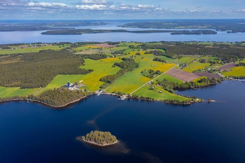 Aerial view over Norderön, second largest island in Lake Storsjön in Östersund, Jämtland, Sweden,
