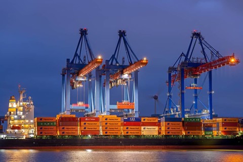 Evening photo, blue hour, container ship, container bridge, Altenwerder container terminal,