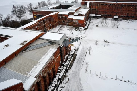 Courtyard of the incomplete NS Congress Hall in winter, detailed view, at the bottom left the