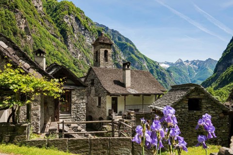 Picturesque mountain village with traditional old stone houses, Foroglio, Bavona Valley, Valle