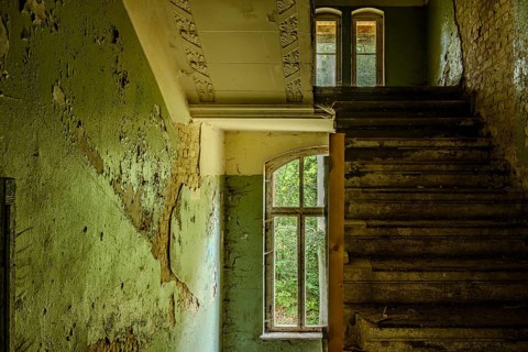 Staircase in a dilapidated building, former lung hospital and lost place health resort Grabowsee,