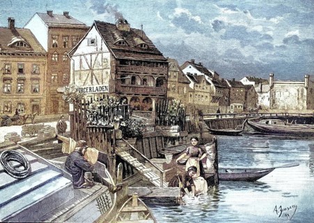 Illustration shows an old Berlin half-timbered house built on piles on the fishing bridge near the