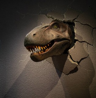 Interior view, exhibit skull of a Tyrannosaurus rex T-rex, dinosaur, carnivore, breaks through a