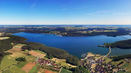 Aerial view, Großer Brombach lake, bottom right end of the lake, left of it Ottmansberg, Franconian