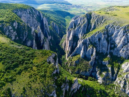 Aerial view of a green mountain gorge with imposing cliffs and clear sky, aerial view, Cheile
