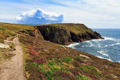 Coastline, heathland on the Atlantic coast, South West Coast Path coastal hiking trail, cliffs in