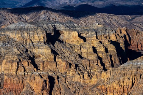 Mountain landscape, erosion landscape near Yara, evening light, Mustang, Upper Mustang, former