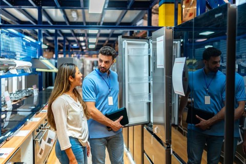 Salesperson showing and explaining features of a modern refrigerator to a young female customer