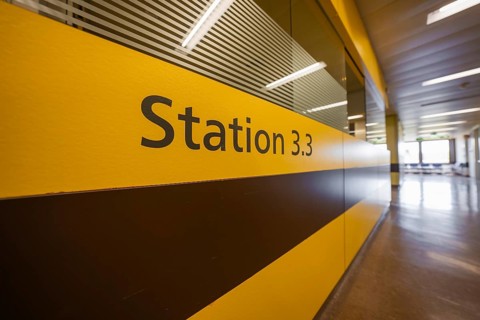 Modern corridor with yellow-brown wall and glass façade, Nagold Hospital of the Southwest Clinic