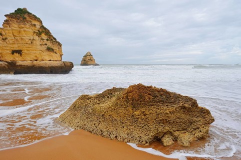Sandy beach beach and rocky coast, Praia Dona Ana, Lagos, Algarve, Portugal