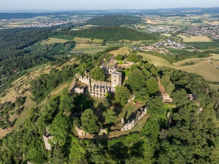 Aerial view of the Hohentwiel volcanic cone with Germany's largest fortress ruin, in the morning
