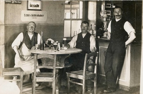 Hall, pub, restaurant, guests, Lichtensteiner beer, sales, Three men in traditional clothes sitting