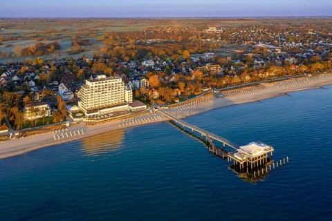 Aerial view over Seeschlösschenbrücke, jetty with restaurant Wolkenlos at Timmendorfer Strand,