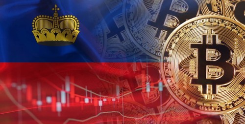 Bitcoin cryptocurrency with Liechtensteiner flag. Investors in Blockchain Technology with