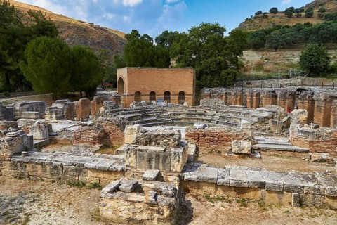 Odeion, Odeum, ancient amphitheatre surrounded by trees and hills, Gortyn, Gortyna, Gortys, ancient