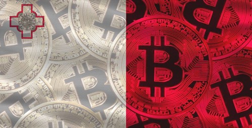Maltese flag with Bitcoin in the background. Bitcoin cryptocurrency with Malta flag, Investors in