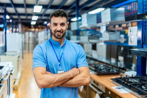 Smiling male employee standing with arms crossed in a large retail store selling appliances and