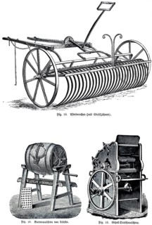 Agricultural machinery, horse rakes with steel teeth, Lefeldt butter machine, Schönfeld, crank,