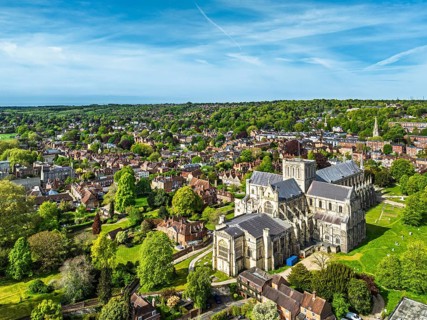 Winchester Cathedral from a drone, Winchester, Hampshire, England, United Kingdom