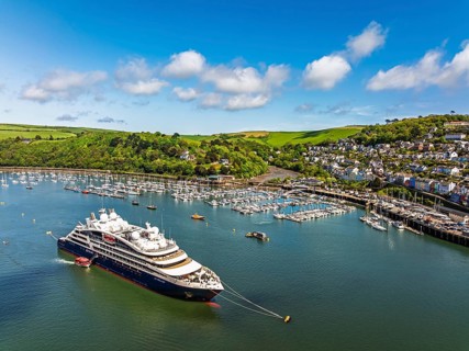 Le Bellot cruising ship on River Dart from a drone, Ponant Explorers, Dartmouth and Kingswear,