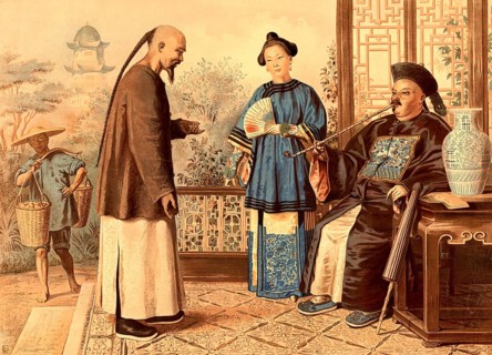 Chinese official, Mandarin, with his servant. He wears a fine robe with a square rank insignia,