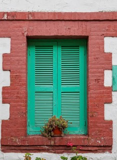 Window with green closed shutters and flower pot, Omodos, Cyprus